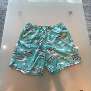 SAXX Oh Buoy 2N1 Mens Swim Trunks Teal Shark Ski Fishing Boat Print M BallPark
